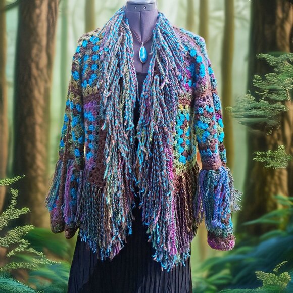 My Fairy Forrest Brown Green Turquoise Granny Square Super Fringe Sweater L/XL - Picture 1 of 16